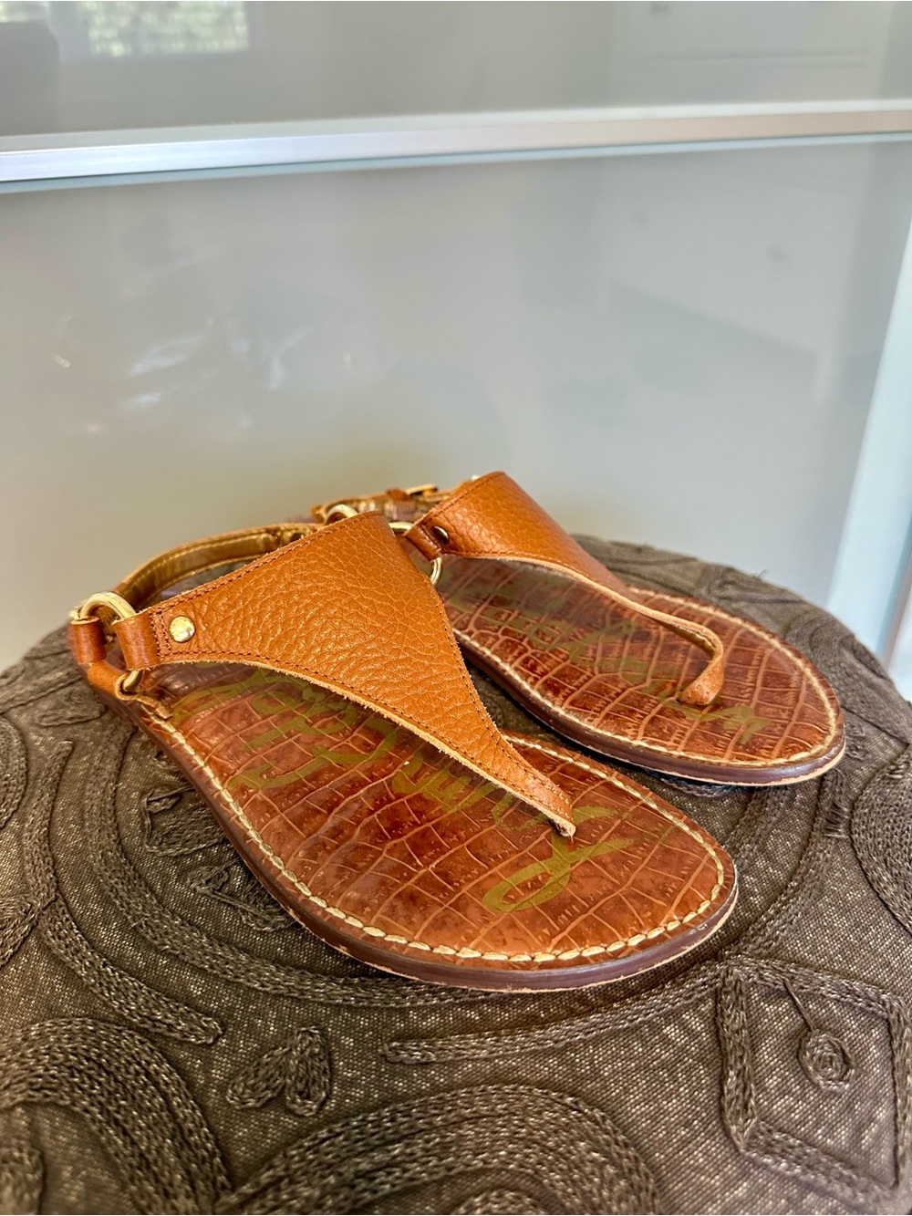 Sam Edelman Leather T-Strap Sandals in Cognac Brown
